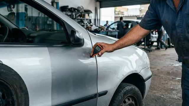 Mecânico medindo a espessura da pintura na porta de um carro usado