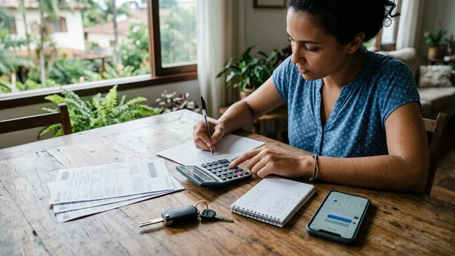 Mesa com chave de carro, calculadora e boletos enquanto uma pessoa faz contas