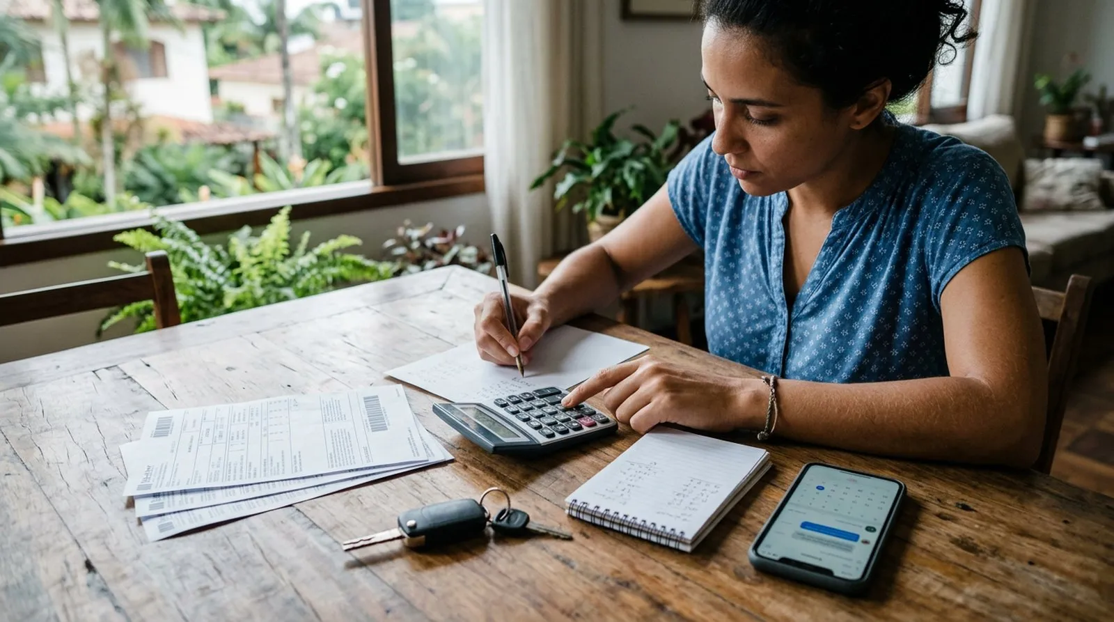 Mesa com chave de carro, calculadora e boletos enquanto uma pessoa faz contas
