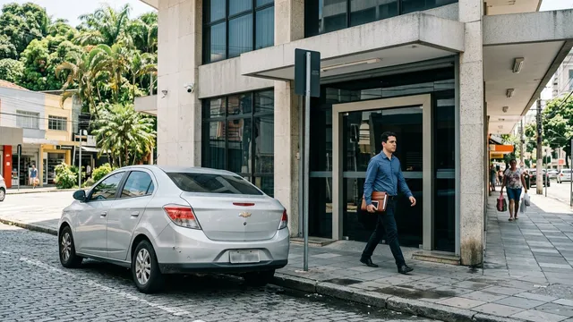 Carro estacionado em frente a uma agência bancária