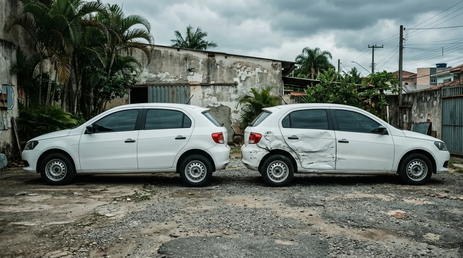 Dois carros brancos iguais, um intacto e outro com a lateral amassada