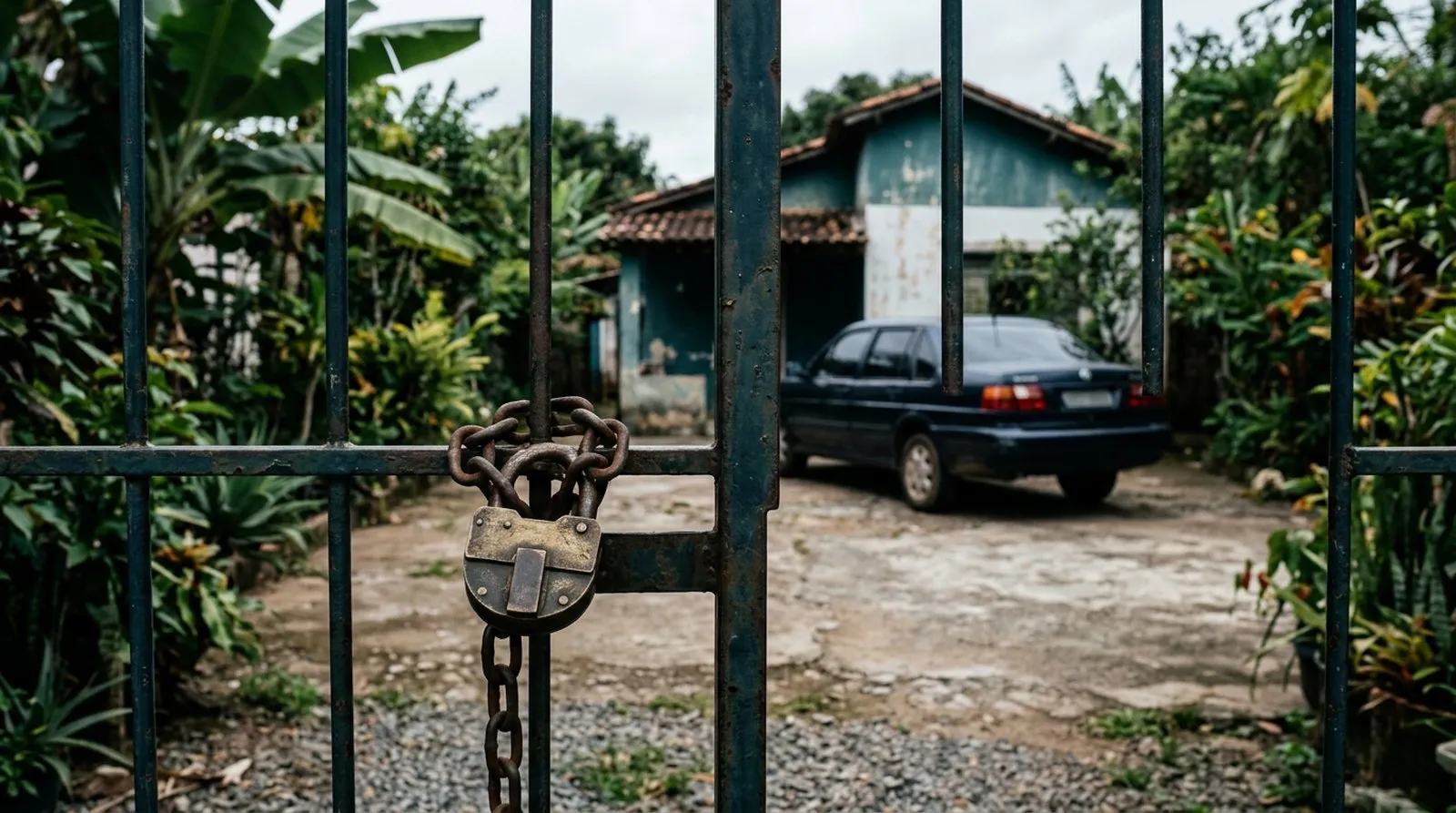 Cadeado e corrente em um portão com um carro estacionado ao fundo